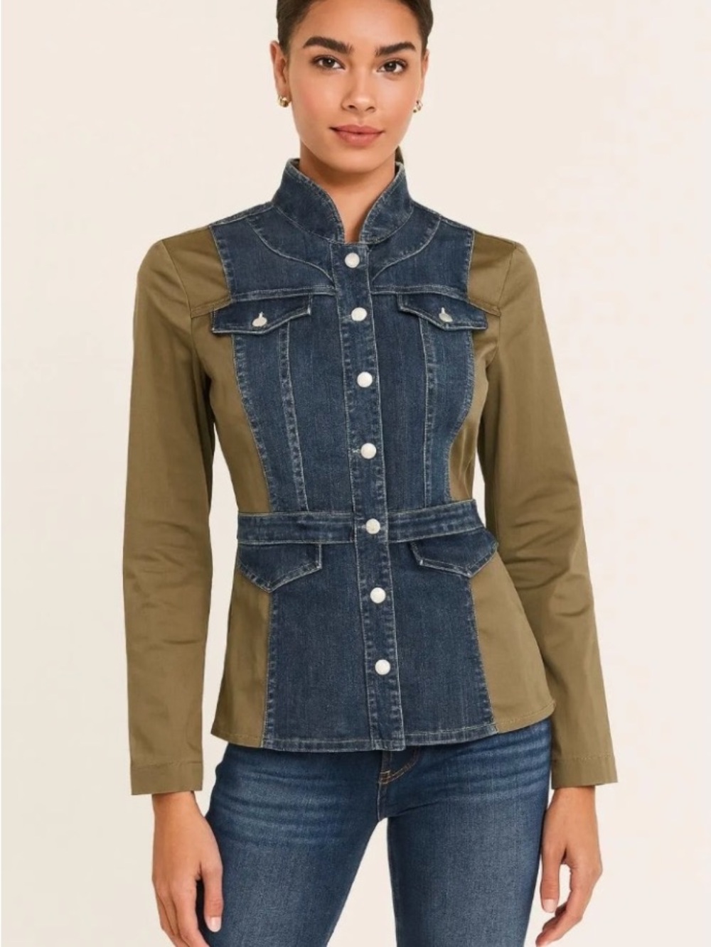 WHBM Olive Green & Denim Contrast Military-Style Jacket XS/0